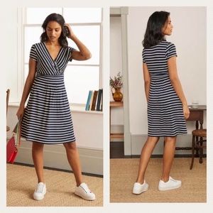 BODEN Lola Jersey Dress Striped Surplice Neck Faux Wrap Blue & White Sz 12R
